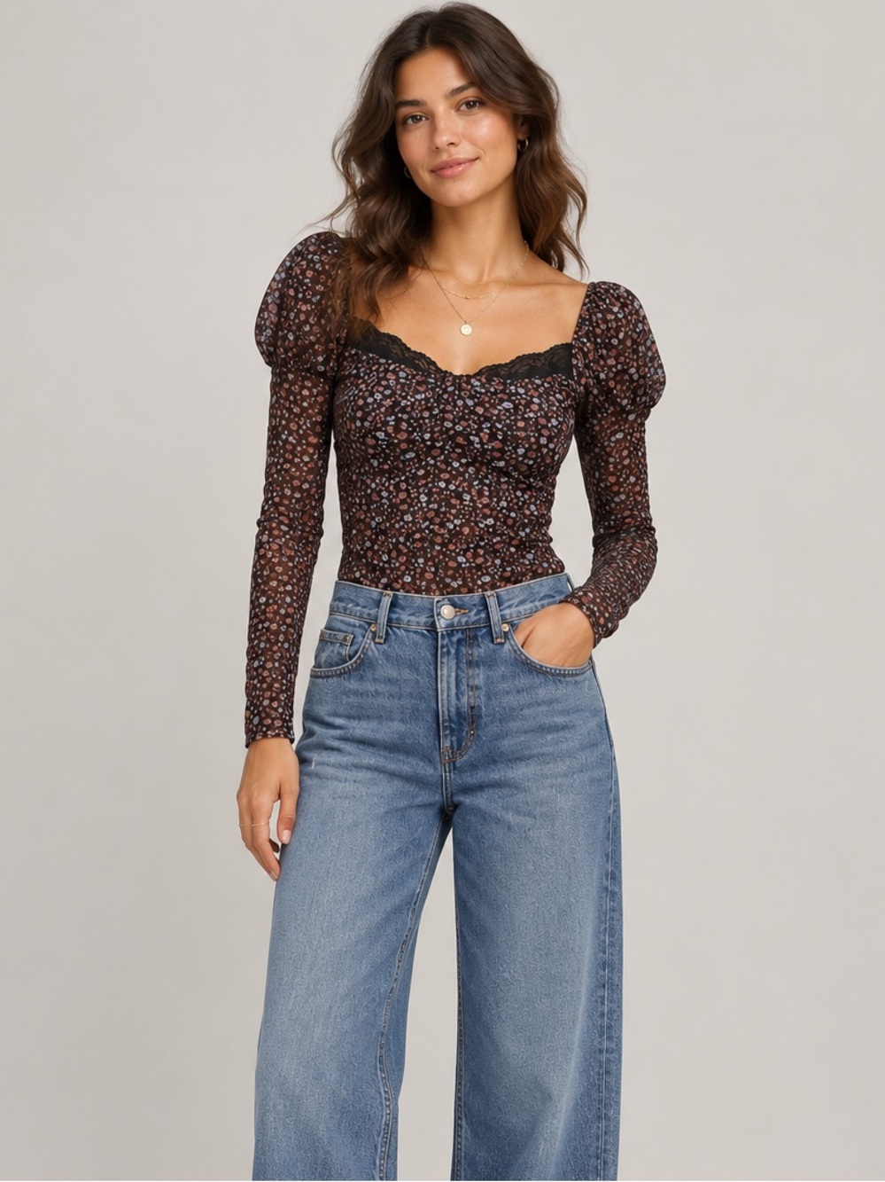 Maeve Top Women’s Medium Mutton Sleeve Scoop Neck Ditsy Floral Sheer Whimsygoth